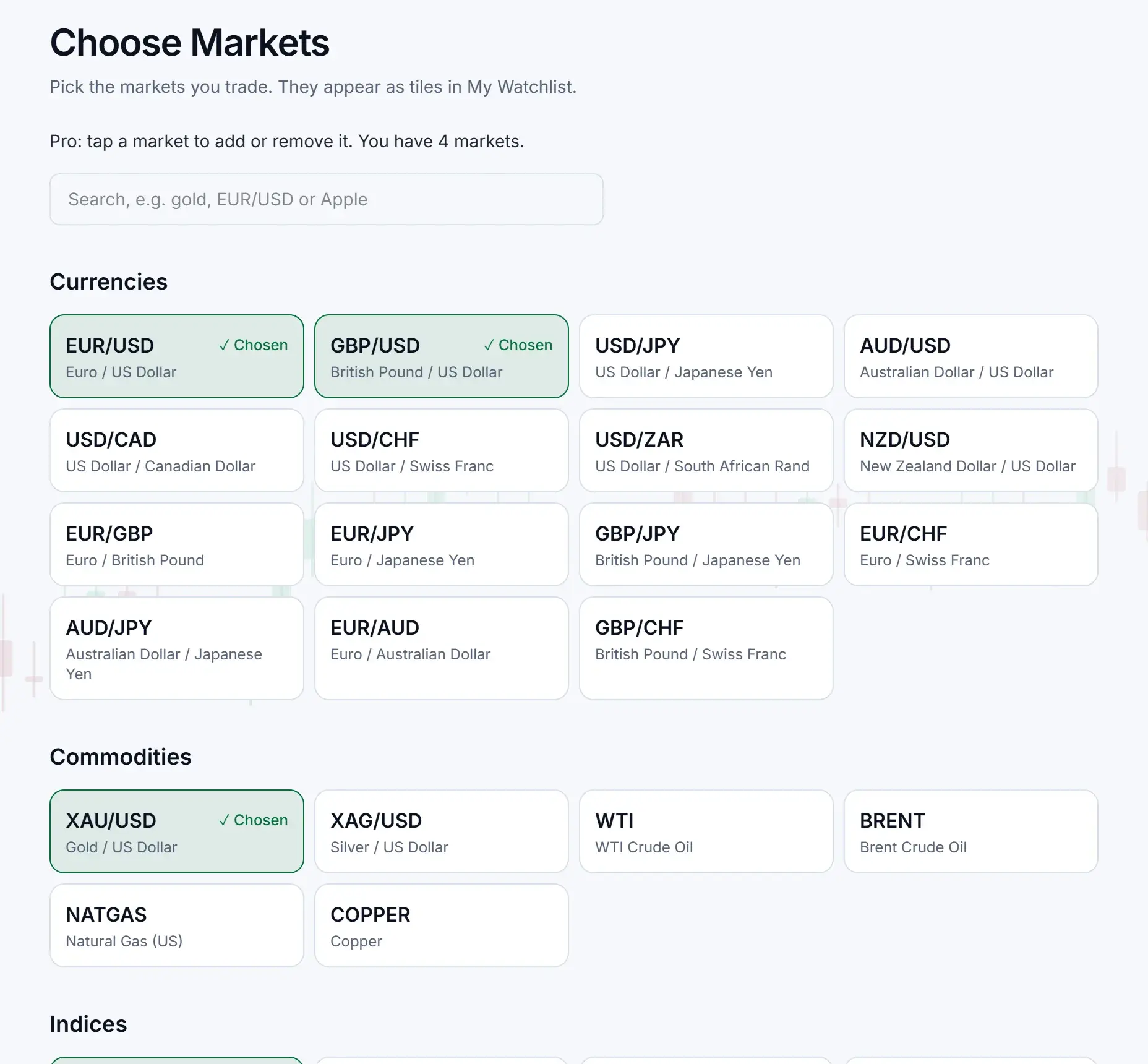 Choose Markets: every market by category, with search